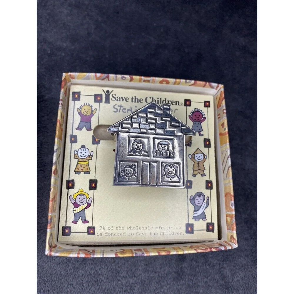 Vintage Sterling Silver Save The Children House Brooch Pin Metal With Box